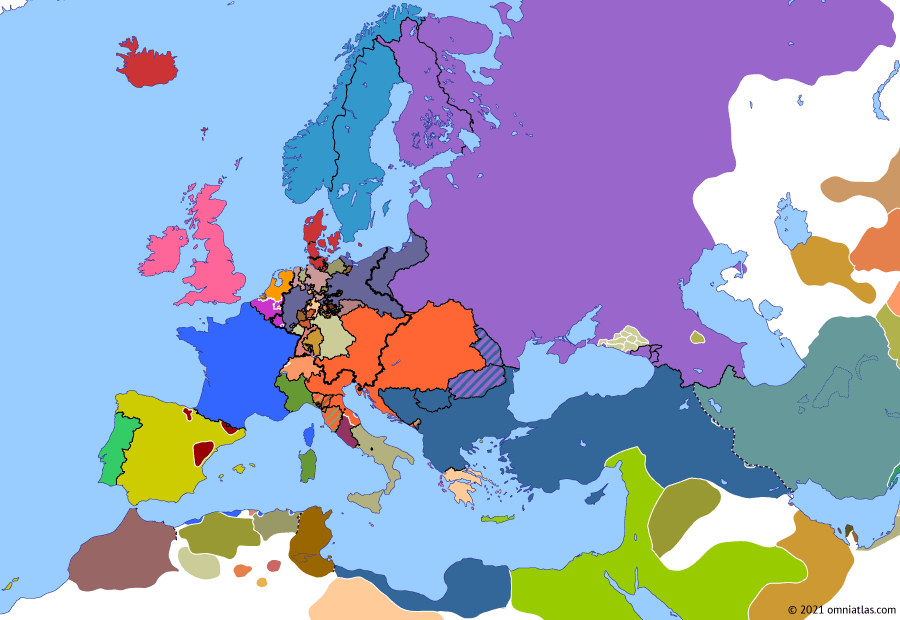 Political map of Europe & the Mediterranean on 20 Jun 1837 (Congress Europe: Accession of Queen Victoria), showing the following events: Ottoman return to Tripolitania; Gómez’s march; Egyptian conquest of Nejd; Separation of Hanover; Accession of Queen Victoria.