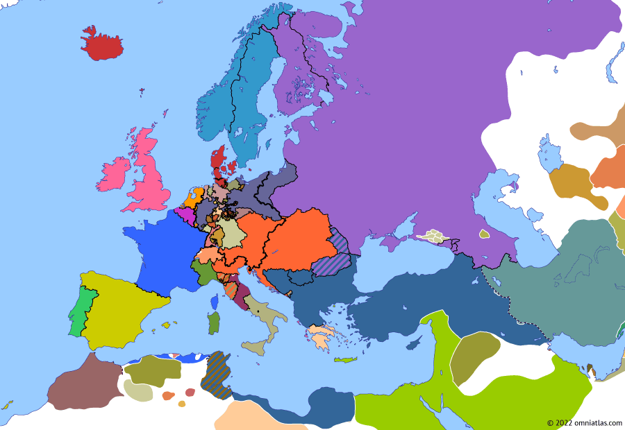 Political map of Europe & the Mediterranean on 15 Jul 1840 (Congress Europe: Second Egyptian-Ottoman War), showing the following events: Moment of Destiny; Treaty of Balta Liman; Treaty of London; Battle of Nezib; Surrender of Ottoman fleet; Death of Mahmud II; 1839 Khivan campaign; Egyptian evacuation of Arabia; Capture of Morella; Convention of London.
