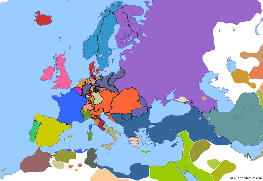 Political map of Europe & the Mediterranean on 27 Nov 1840 (Congress Europe: Oriental Crisis), showing the following events: Bashir Qasim’s insurgency; Bombardment of the Levant; Oriental Crisis subsides; Regency of Espartero; Alexandria Convention.