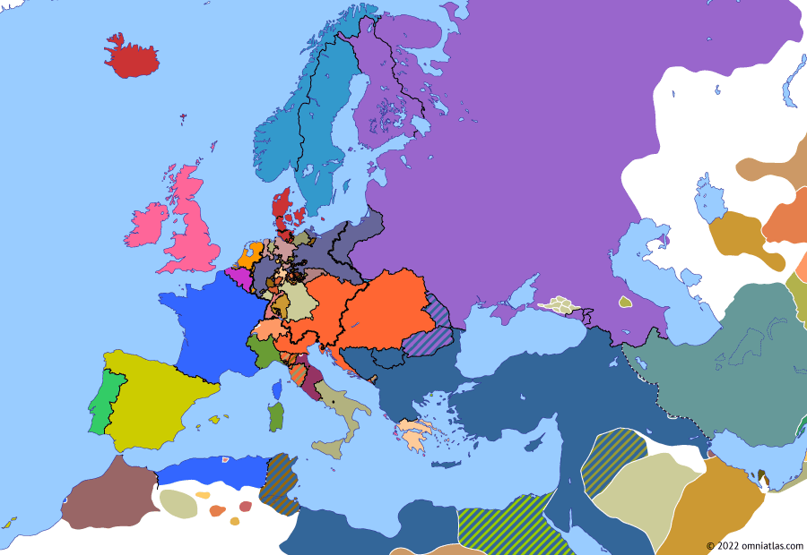 Political map of Europe & the Mediterranean on 10 Sep 1844 (Congress Europe: Franco-Moroccan War), showing the following events: Defeat of Abdelkader; Straits Convention; 3 September Revolution; Franco-Moroccan War; Bombardment of Mogador.