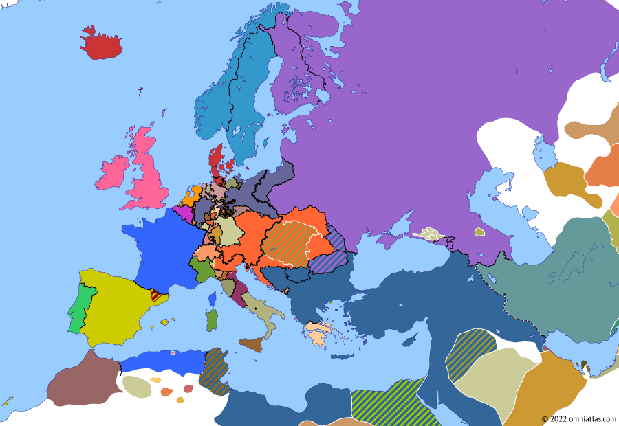Political map of Europe & the Mediterranean on 21 Mar 1848 (Springtime of Peoples: March Revolutions), showing the following events: March Revolution in Germany; Republic of Neuchâtel; Fall of Metternich; Hungarian Revolution of 1848; Berlin Uprising; Five days of Milan; Frederick William IV adopts German colors.