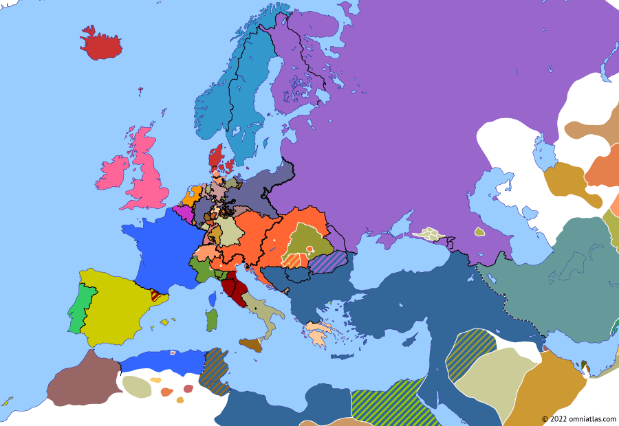 Political map of Europe & the Mediterranean on 23 Mar 1849 (Springtime of Peoples: Battle of Novara), showing the following events: Fall of Buda and Pest; Roman Republic; Tuscan Republic; March Constitution of Austria; End of Armistice of Vigevano; Naples resumes war in Sicily; Battle of Novara.
