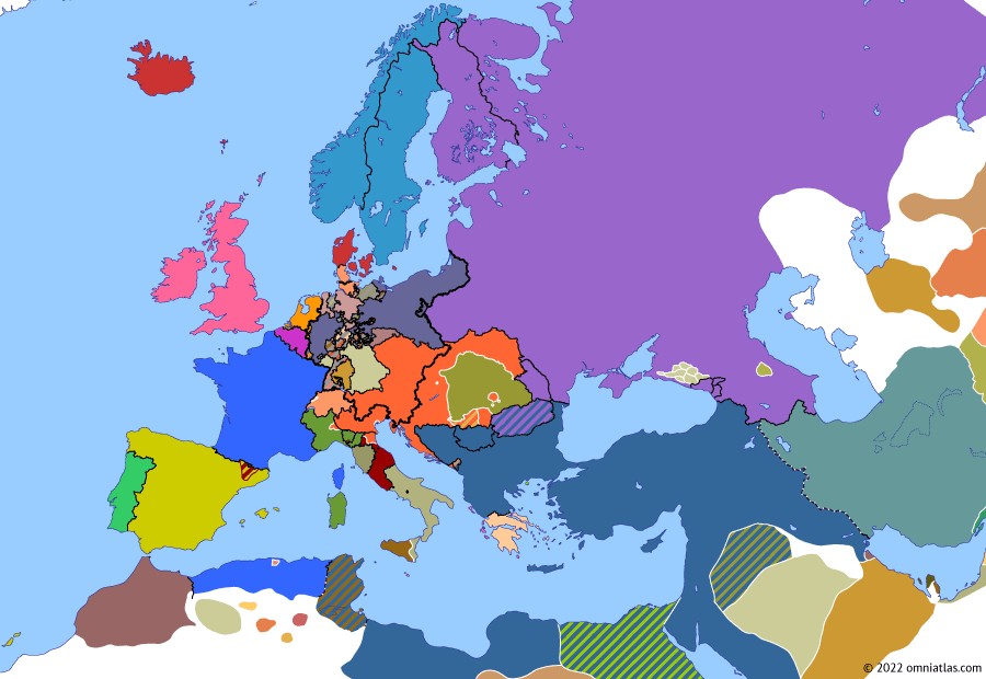 Political map of Europe & the Mediterranean on 14 Apr 1849 (The Springtime of Peoples: Hungarian War of Independence), showing the following events: Frankfurt Constitution; Frankfurt parliament elects Frederick William of Prussia as Emperor of Germans; Revolt of Genoa; Tuscany recalls Grand Duke Leopold; Hungary declares independence.