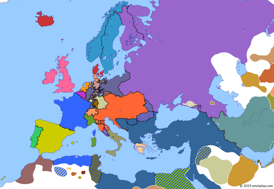 Political map of Europe & the Mediterranean on 29 Apr 1850 (The Springtime of Peoples: Erfurt Union), showing the following events: Saxony abandons Prussia; Hanover abandons Prussia; Erfurt Union Parliament held; Pope returns to Rome.