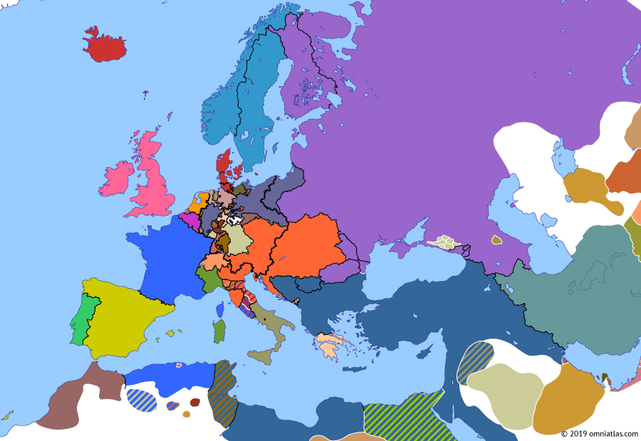 Political map of Europe & the Mediterranean on 28 Mar 1854 (Crimean War: Outbreak of the Crimean War), showing the following events: Russia invasion of Danubian Principalities; Outbreak of Crimean War; Battle of Sinop; Anglo-French entry into Crimean War.