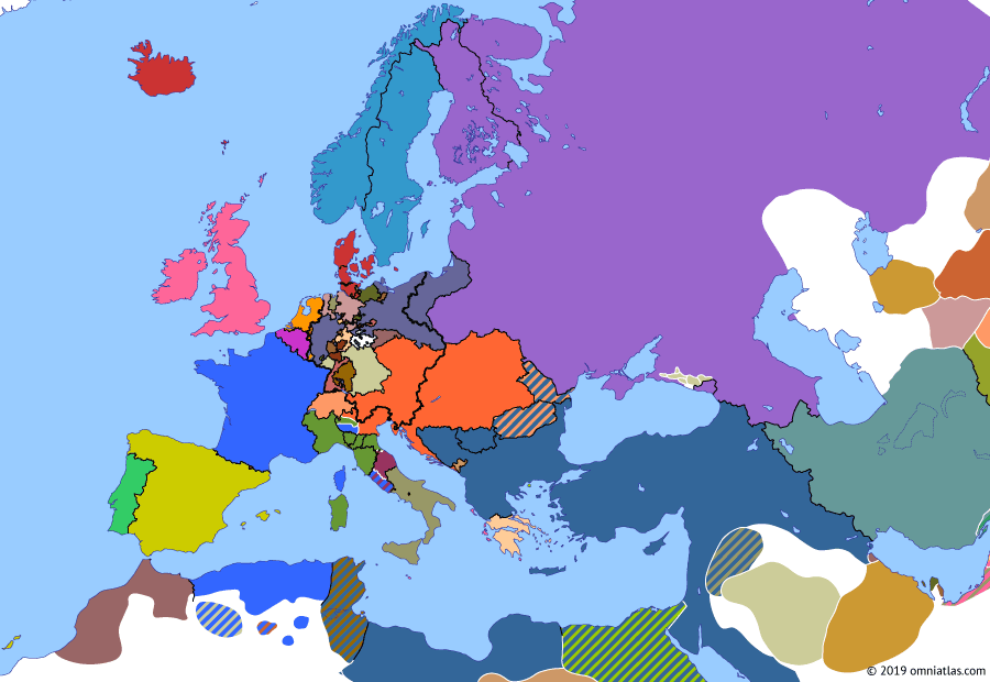 Political map of Europe & the Mediterranean on 25 Aug 1859 (Italian Unification: Solferino and its Aftermath), showing the following events: Central Italian Revolutions; Battle of Solferino; Armistice of Villafranca; Battle of Ghunib.