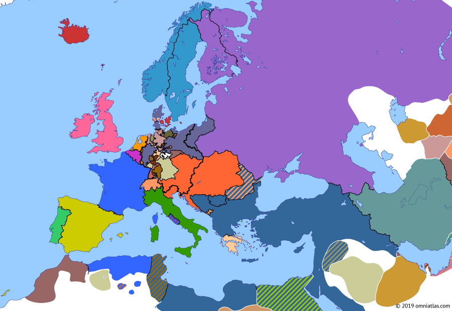 Political map of Europe & the Mediterranean on 30 Oct 1864 (German Unification: Second Schleswig War), showing the following events: Austrian and Prussia troops enter Schleswig, marking beginning of Second Schleswig War; Great Britain cedes Ionian Islands to Greece; In September Convention with France, Italy renounces claim to Rome and Florence becomes Italian capital; At Treaty of Vienna, Denmark agrees to cede Schleswig-Holstein to Austria and Prussia.