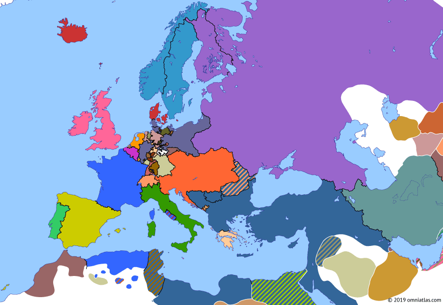 Political map of Europe & the Mediterranean on 14 Jun 1866 (German Unification: Outbreak of the Austro-Prussian War), showing the following events: American Civil War ends; Gastein Convention gives Holstein to Austria and Schleswig, Kiel and Lauenburg to Prussia; Italy and Prussia form alliance against Austria; French withdrawal from Mexico; Prussia occupies Holstein; Federal Diet in Germany votes for mobilization against Prussian intervention in Holstein.
