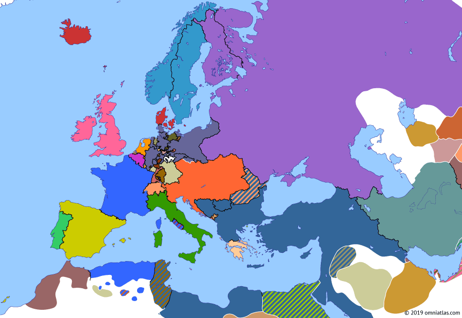 Political map of Europe & the Mediterranean on 24 Jun 1866 (German Unification: End of the German Confederation), showing the following events: Prussia declares the German Confederation at an end; Prussia invades Kingdom of Saxony, Kingdom of Hanover, and Electorate of Hesse; Italy declares war on Austria; Austria defeats Italy at Custoza.