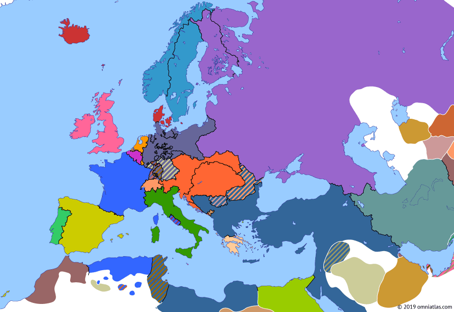 Political map of Europe & the Mediterranean on 21 Dec 1867 (German Unification: North German Confederation), showing the following events: Peace of Prague; Prussia annexes Hanover, Hesse, Nassau and Frankfurt as agreed at Peace of Prague; Italy takes over administration of Venetia; North German Confederation formed under leadership of Prussia; Battle of Mentana; Austrian Constitution accepts Dual System with Hungary.