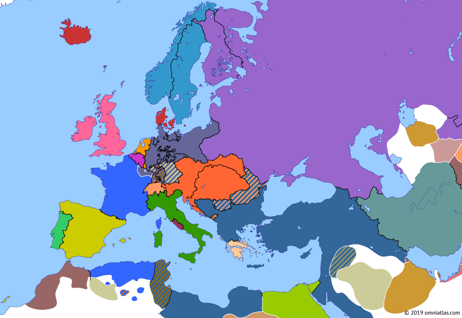 Political map of Europe & the Mediterranean on 01 Sep 1870 (German Unification: Outbreak of the Franco-Prussian War), showing the following events: Opening of Suez Canal; Ems Dispatch; Franco-Prussian War; France withdraws garrison from Papal States; Battle of Sedan.