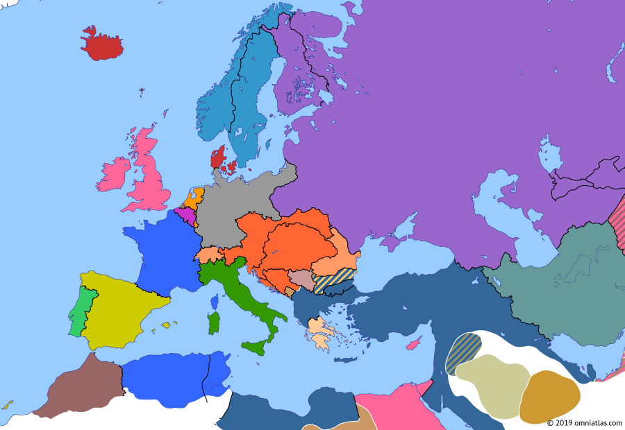 Political map of Europe & the Mediterranean on 15 Nov 1884 (Imperial Europe: Scramble for Africa), showing the following events: French conquest of Tunisia; Austria-Hungary, Germany and Russia form League of Three Emperors; Triple Alliance; Anglo-Egyptian War; Berlin Conference.
