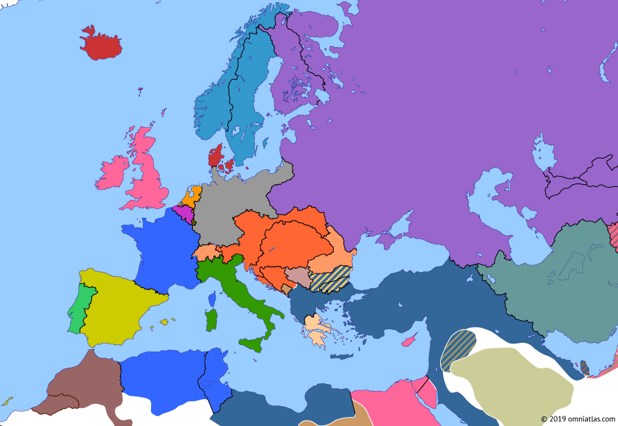 Political map of Europe & the Mediterranean on 04 Jan 1894 (Imperial Europe: Franco-Russian Alliance), showing the following events: Unification of Bulgaria; Serbo-Bulgarian War; End of the League of Three Emperors; Downfall of Otto von Bismarck; Heligoland-Zanzibar Treaty; Accession of Adolphe of Luxembourg; Franco-Russian Alliance.
