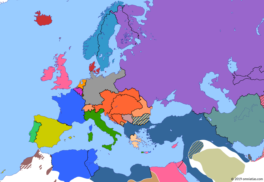 Political map of Europe & the Mediterranean on 19 Sep 1898 (Imperial Europe: Britain's Splendid Isolation), showing the following events: First Sino-Japanese War; Cretan intervention; Spanish-American War; Fashoda Incident.