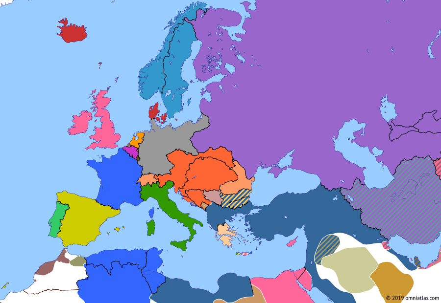 Political map of Europe & the Mediterranean on 08 Apr 1904 (Imperial Europe: Entente Cordiale), showing the following events: Anglo-Kuwaiti Agreement; Saudi capture of Riyadh; Anglo-Japanese Alliance; Baghdad Railway; Battle of Port Arthur; Entente Cordiale.