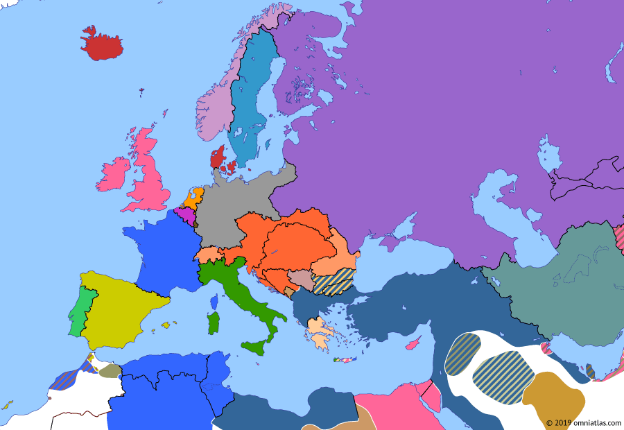 Political map of Europe & the Mediterranean on 31 Mar 1906 (Imperial Europe: Tangier Crisis), showing the following events: Dogger Bank Incident; 1905 Russian Revolution; Tangier Crisis begins; Norwegian independence; Treaty of Björkö signed by Germany and Russia in an attempt to renew a Russo-German alliance; Algeciras Conference.