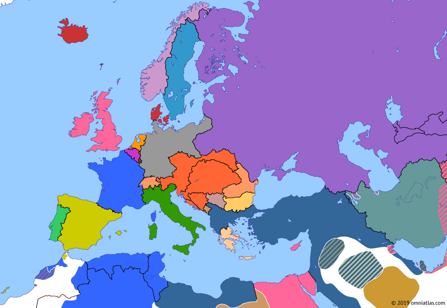 Political map of Europe & the Mediterranean on 01 Jul 1911 (Imperial Europe: Agadir Crisis), showing the following events: British Navy Bill; 31 March Incident; Agadir Crisis begins; Agadir Crisis.