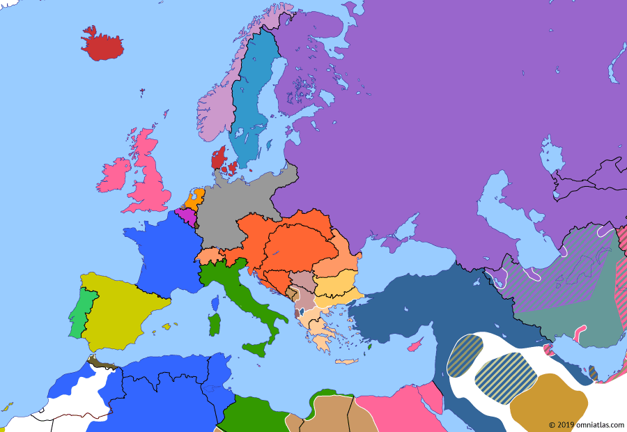 Political map of Europe & the Mediterranean on 23 Apr 1913 (Imperial Europe: First Balkan War), showing the following events: Montenegro starts Balkan War; Ottoman Empire declares war on Serbia and Bulgaria; Greece enters Balkan War; Treaty of Ouchy; Siege of Adrianople; All-Albanian Congress.