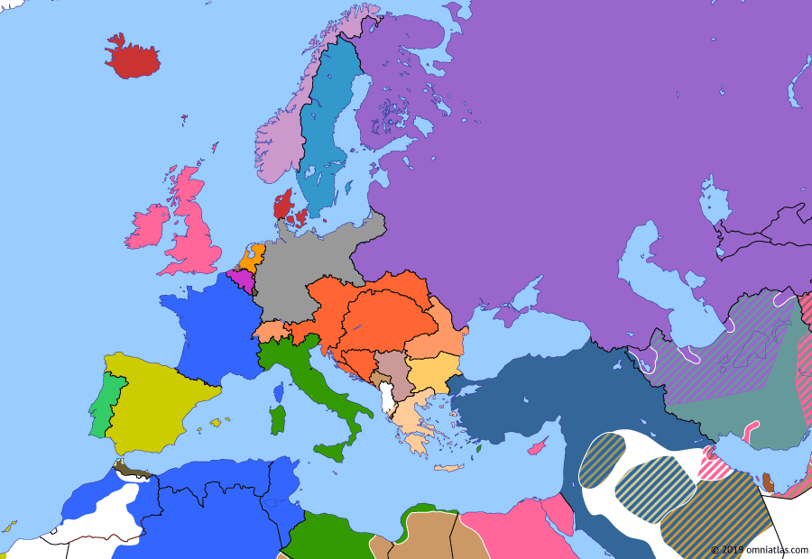 Political map of Europe & the Mediterranean on 28 Jun 1914 (Imperial Europe: Assassination of Franz Ferdinand), showing the following events: Treaty of Constantinople; Assassination of Franz Ferdinand.