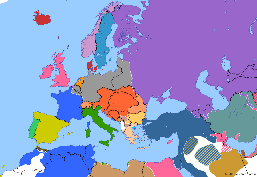 Political map of Europe & the Mediterranean on 04 Nov 1915 (The Great War: Central Power Breakthrough in the East), showing the following events: Gorlice-Tarnow Offensive; Sinking of the RMS Lusitania; Italian entry into WWI; Macedonian Front; Austria-Hungary and Germany capture Belgrade; Bulgaria’s entry into WWI.