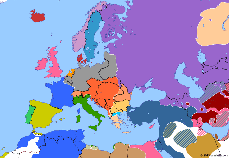 Political map of Europe & the Mediterranean on 20 Sep 1916 (The Great War: Somme and Brusilov Offensives), showing the following events: Easter Rising; Battle of Jutland; Brusilov Offensive; Central Asian Revolt; Battle of the Somme; Sixth Battle of Isonzo; Romania declares war on Austria-Hungary; Battle of Verdun.