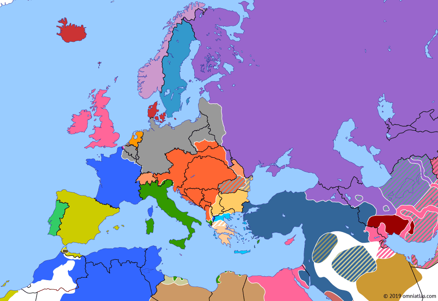 Political map of Europe & the Mediterranean on 12 Jan 1917 (The Great War: Collapse of the Eastern Front), showing the following events: Greek National Schism; Act of 5th November; Central Powers occupy Bucharest.