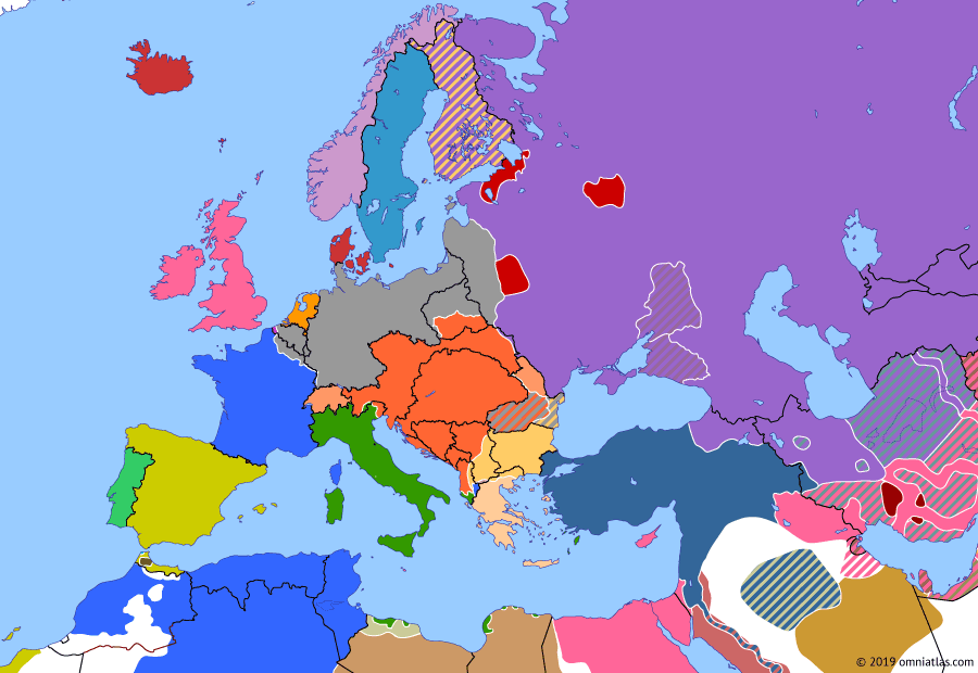 Political map of Europe & the Mediterranean on 07 Nov 1917 (The Great War: October Revolution in Russia), showing the following events: July Days; Battle of Passchendaele; Battle of Jugla; Kornilov Affair; Russian Republic; Operation Albion; Battle of Caporetto; October Revolution.