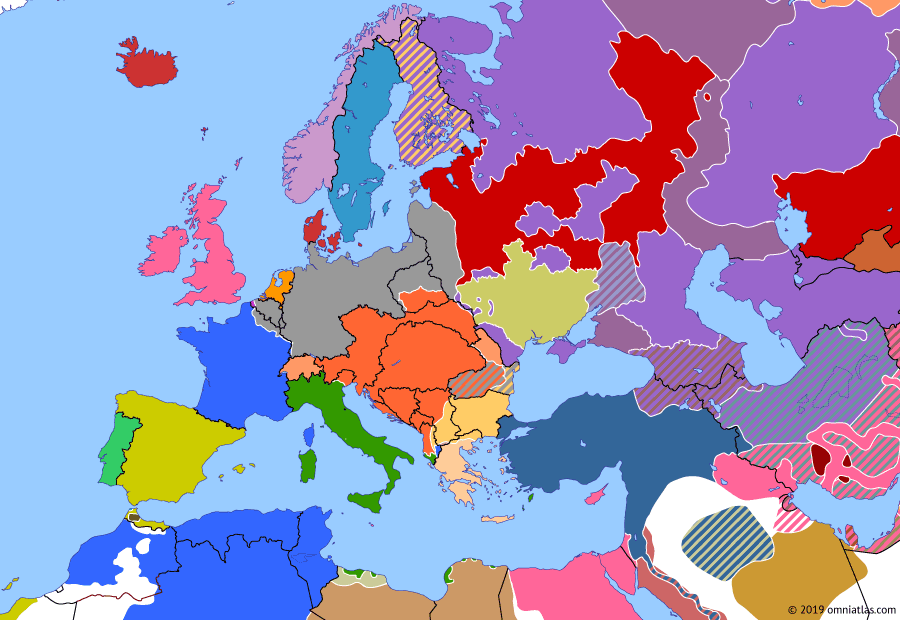 Political map of Europe & the Mediterranean on 01 Dec 1917 (The Great War: Bolsheviks Gain Control in Russia), showing the following events: Kerensky-Krasnov uprising; Transcaucasian Commissariat; Bolsheviks capture Moscow; Battle of Cambrai; Ukrainian People’s Republic.