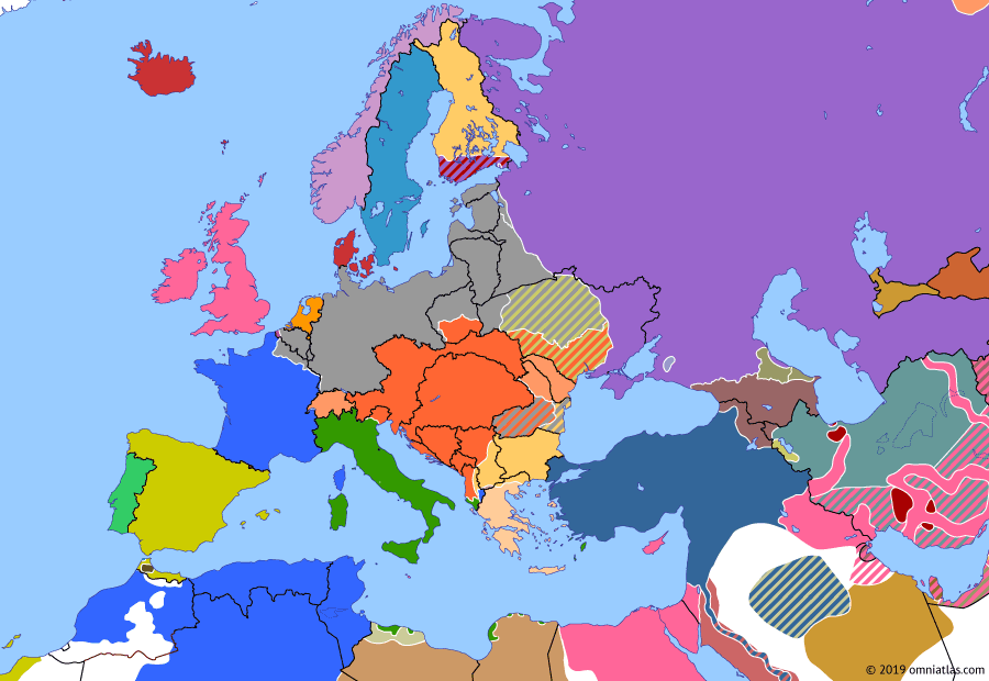 Political map of Europe & the Mediterranean on 20 Mar 1918 (The Great War: Treaty of Brest-Litovsk), showing the following events: Bolshevik consolidation; Finnish Declaration of Independence; Armistice of Focșani; Battle of Kämärä; Treaty of Brest-Litovsk; Spanish Flu in Europe.
