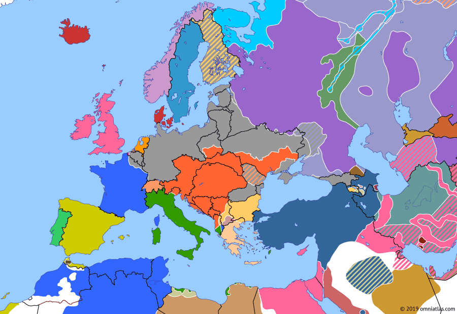 Political map of Europe & the Mediterranean on 20 Sep 1918 (The Great War: Allied Hundred Days Offensive), showing the following events: Archangel landing; Allied Hundred Days Offensive; Allies break throughin Macedonia; Battle of Megiddo.
