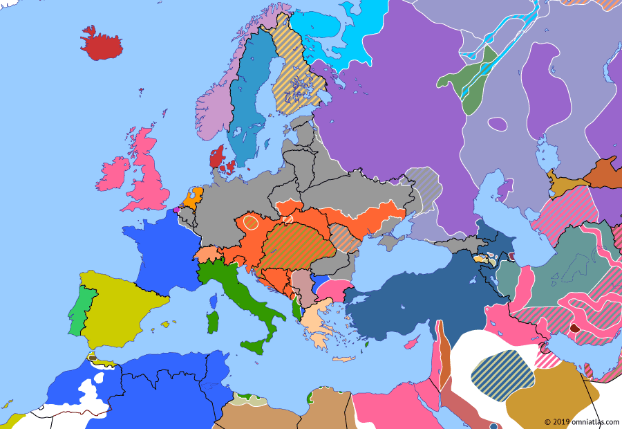 Political map of Europe & the Mediterranean on 25 Oct 1918 (The Great War: Collapse of the Central Powers), showing the following events: Armistice of Salonica; First Czechoslovak Republic; Hungarian parliament independent under crown figurehead; Polish Independence Day; Battle of Vittorio Veneto.