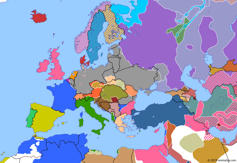 Political map of Europe & the Mediterranean on 08 Nov 1918 (The Great War: German Revolution), showing the following events: Aster Revolution; German Revolution; State of Slovenes, Croats and Serbs; Armistice of Mudros; Banat Republic; Armistice of Villa Giusti.