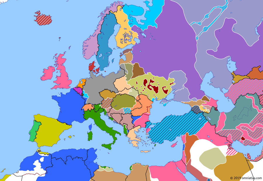 Political map of Europe & the Mediterranean on 04 Dec 1918 (Armistice Europe: New Countries in Eastern Europe), showing the following events: Occupation of Constantinople; German Austria; Annulment of Brest-Litovsk; Occupation of the Rhineland; Alba Iulia National Assembly; Creation of Yugoslavia.