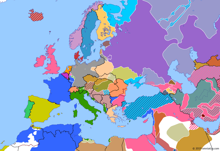 Political map of Europe & the Mediterranean on 10 Jan 1919 (Armistice Europe: January Revolt in Germany), showing the following events: Greater Poland Uprising; Spartacist uprising; Soviet Republic of Bremen.