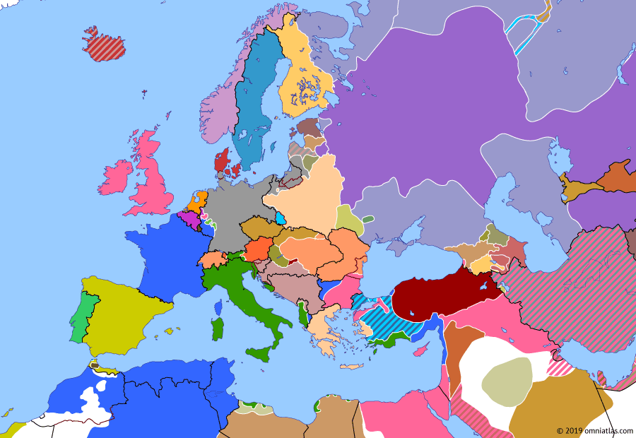Political map of Europe & the Mediterranean on 10 Sep 1919 (Armistice Europe: Treaty of St. Germain), showing the following events: Romania occupies Budapest; Sivas Congress; Treaty of St. Germain.