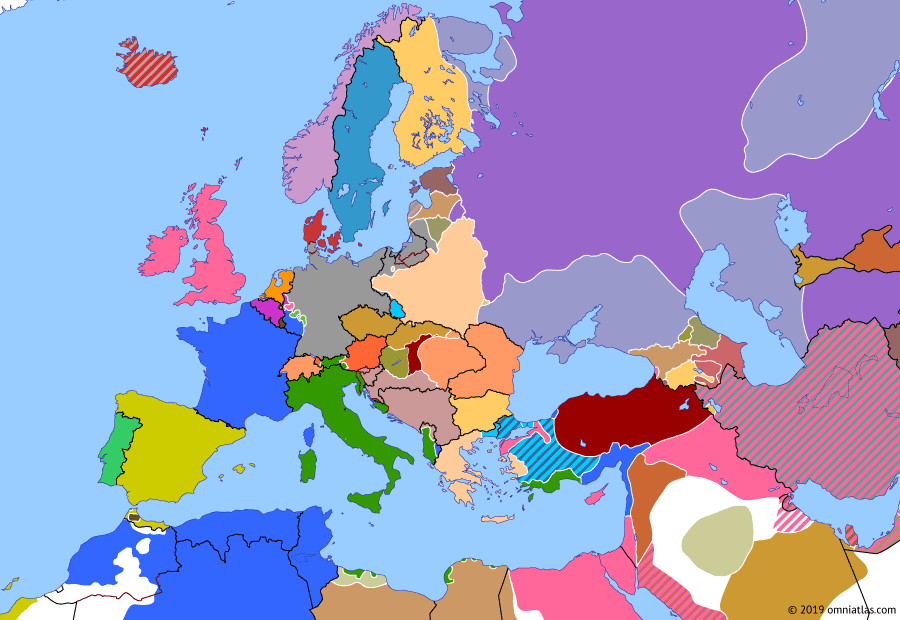 Political map of Europe & the Mediterranean on 27 Nov 1919 (Armistice Europe: Treaty of Neuilly), showing the following events: Evacuation of Murmansk; Riga relieved by British-French fleet; Romania withdraws from Budapest; Treaty of Neuilly-sur-Seine.