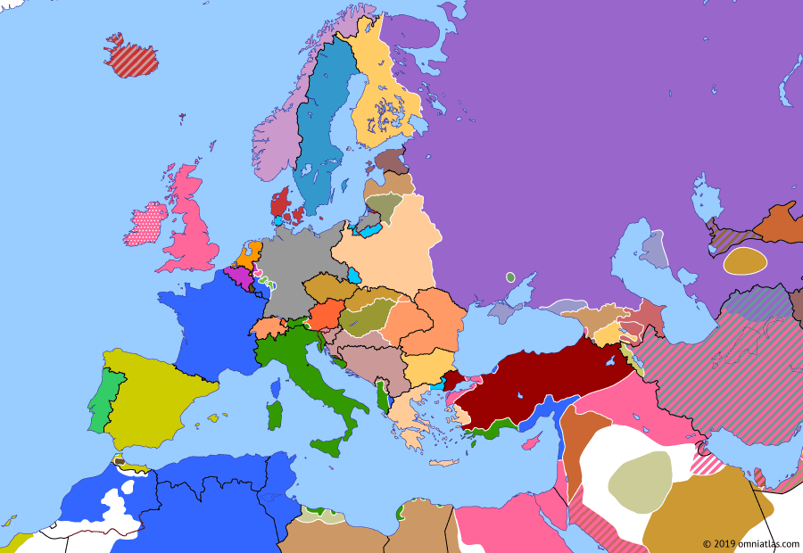 Political map of Europe & the Mediterranean on 06 Apr 1920 (Armistice Europe: Allies Under Pressure), showing the following events: Soviets overrun White
forces in Siberia; Irish War of Independence; Denikin resigns.