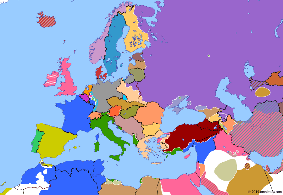 Political map of Europe & the Mediterranean on 10 Aug 1920 (Armistice Europe: Treaty of Sevres), showing the following events: East Prussian plebiscite; Soviet Russia recognizes Lithuanian independence; Treaty of Sèvres; Battle of Warsaw.