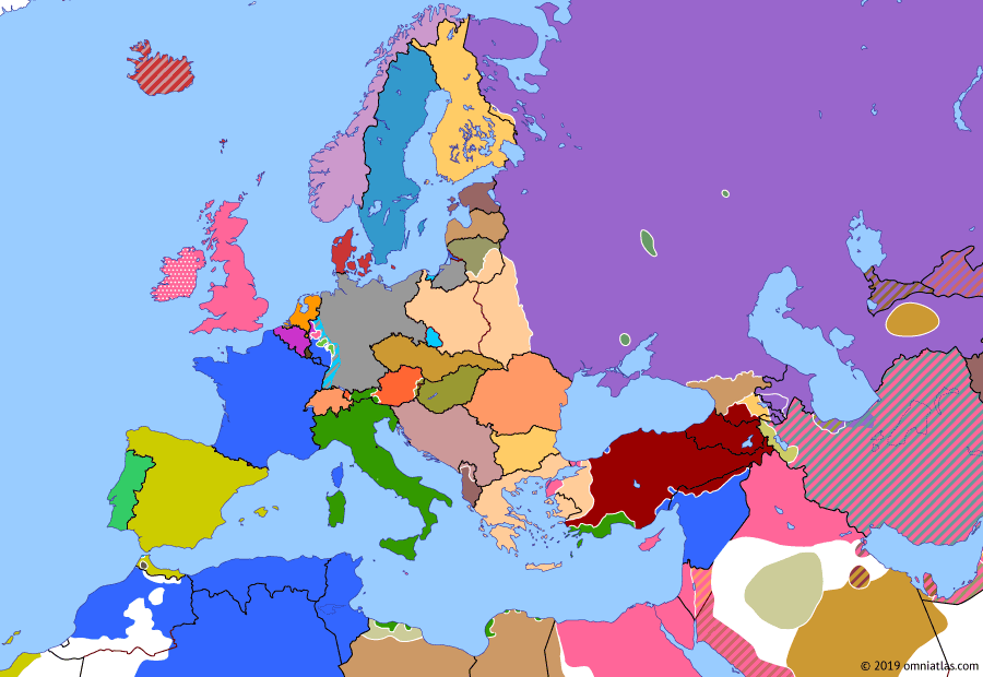 Political map of Europe & the Mediterranean on 12 Nov 1920 (Armistice Europe: Treaty of Rapallo), showing the following events: Latvian-Soviet Peace Treaty; Italy withdraws from Albania; Soviet Russia recognizes Finnish independence; Polish counterattack wins Polish-Soviet War; Treaty of Rapallo.
