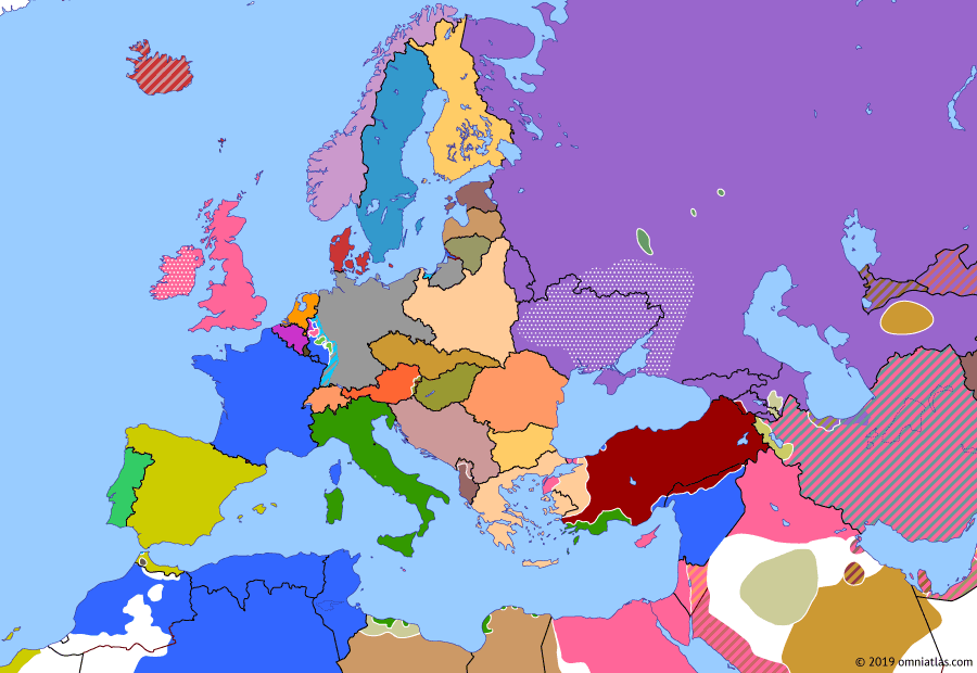 Political map of Europe & the Mediterranean on 20 Mar 1921 (Armistice Europe: Limits of Soviet Expansion), showing the following events: Makhnovist operationsexpand across Ukraineand southern Russia; Franco-Polish defensive alliance signed.; Kronstadt Rebellion; Treaty of Moscow; Peace of Riga.