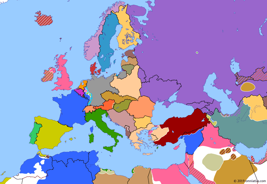 Political map of Europe & the Mediterranean on 23 Aug 1921 (Armistice Europe: Greco-Turkish War), showing the following events: Little Entente; Italian evacuation from Adalia; Truce between
Britain and Ireland; Soviets crush
Ukrainian resistance; Battle of Sakarya.