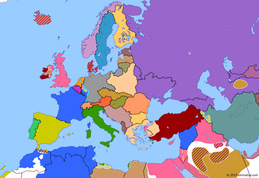 Political map of Europe & the Mediterranean on 28 Jun 1922 (Armistice Europe: Irish Civil War), showing the following events: Treaty of Ankara; Federative Union of Socialist Soviet Republics of Transcaucasia; Irish Civil War.