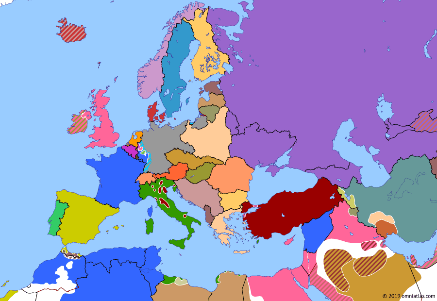 Political map of Europe & the Mediterranean on 28 Oct 1922 (The Rise of Fascism: Mussolini's March on Rome), showing the following events: Free State captures Fermoy, last Republican stronghold; Armistice of Mudanya; March on Rome.