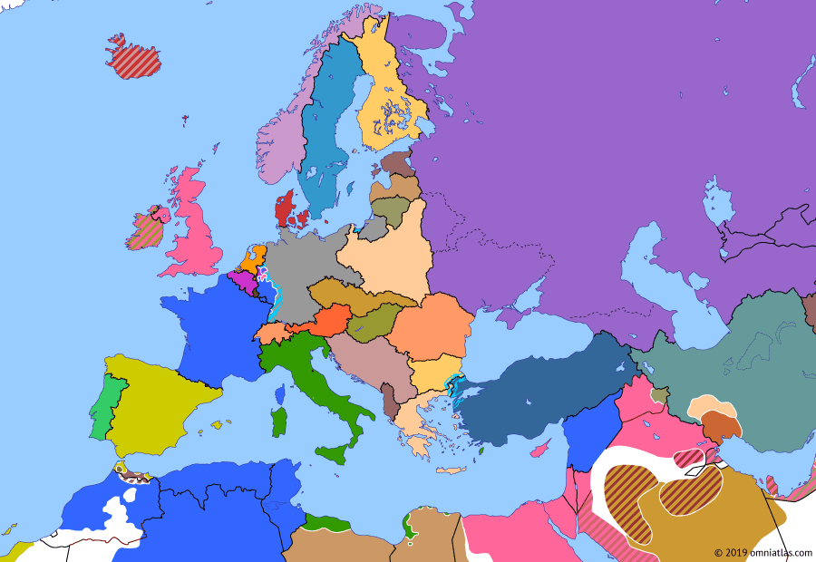 Political map of Europe & the Mediterranean on 08 Nov 1923 (The Rise of Fascism: Beer Hall Putsch), showing the following events: Occupation of the Ruhr; Treaty of Lausanne; Corfu Incident; Beer Hall Putsch; German hyperinflation.