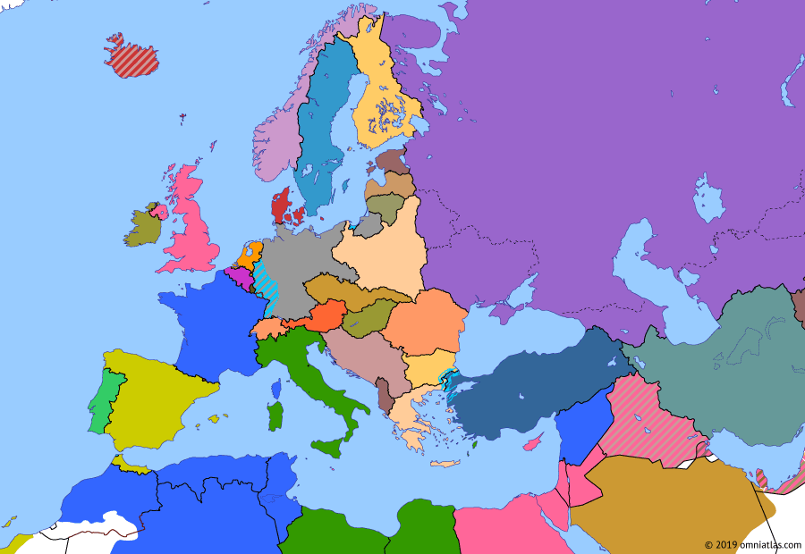 Political map of Europe & the Mediterranean on 30 Jan 1933 (The Rise of Fascism: Hitler Gains Power), showing the following events: Treaties of Tirana; Wall Street Crash; Occupation of Rhineland ends; Statute of Westminster; Chancellor Adolf Hitler.