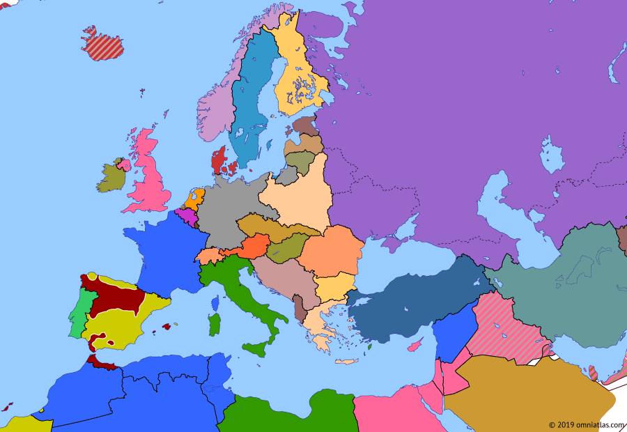 Political map of Europe & the Mediterranean on 20 Jul 1936 (The Rise of Fascism: Outbreak of the Spanish Civil War), showing the following events: Spanish Civil War starts; Montreux Convention; Belgium declares neutrality.