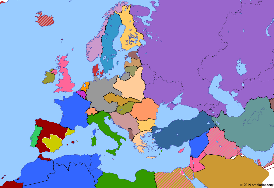 Political map of Europe & the Mediterranean on 13 Mar 1938 (The Rise of Fascism: Anschluss), showing the following events: Foreign support of Spanish Nationalists; Soviet support of Spanish Republicans; Anti-Comintern Pact; Marco Polo Bridge Incident; Italy in Anti-Comintern Pact; Anschluss.