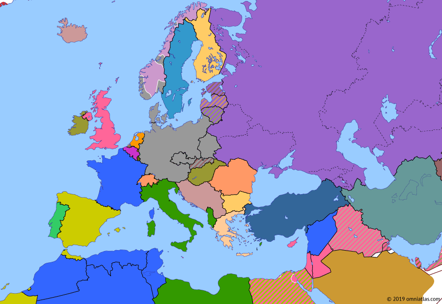 Political map of Europe & the Mediterranean on 21 Apr 1940 (World War II: Blitzkrieg: Invasion of Denmark and Norway), showing the following events: Moscow Peace Treaty; Invasion of Denmark; Norwegian Campaign.
