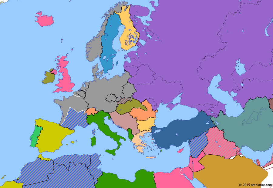 Political map of Europe & the Mediterranean on 07 Sep 1940 (World War II: Blitzkrieg: Battle of Britain), showing the following events: Vichy Government; Operation Catapult; Battle of Britain; Second Vienna Award; Destroyers for Bases Agreement.