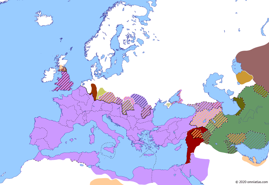 Political map of Europe & the Mediterranean on 31 Mar 194 (The Severan Dynasty: Second Battle of Issus), showing the following events: Severus’ Italian campaign; Principate of Septimius Severus; Expansion of Sauromates II; Severus–Albinus pact; Severus’ Siege of Byzantium; Battle of Nicaea; Second Battle of Issus.